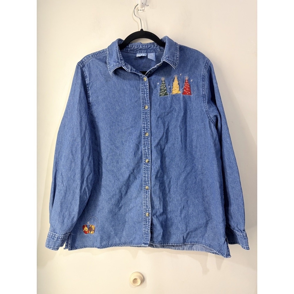 Holiday Editions Denim‎ Button Shirt XL Embroidered Christmas Trees Gifts 90s